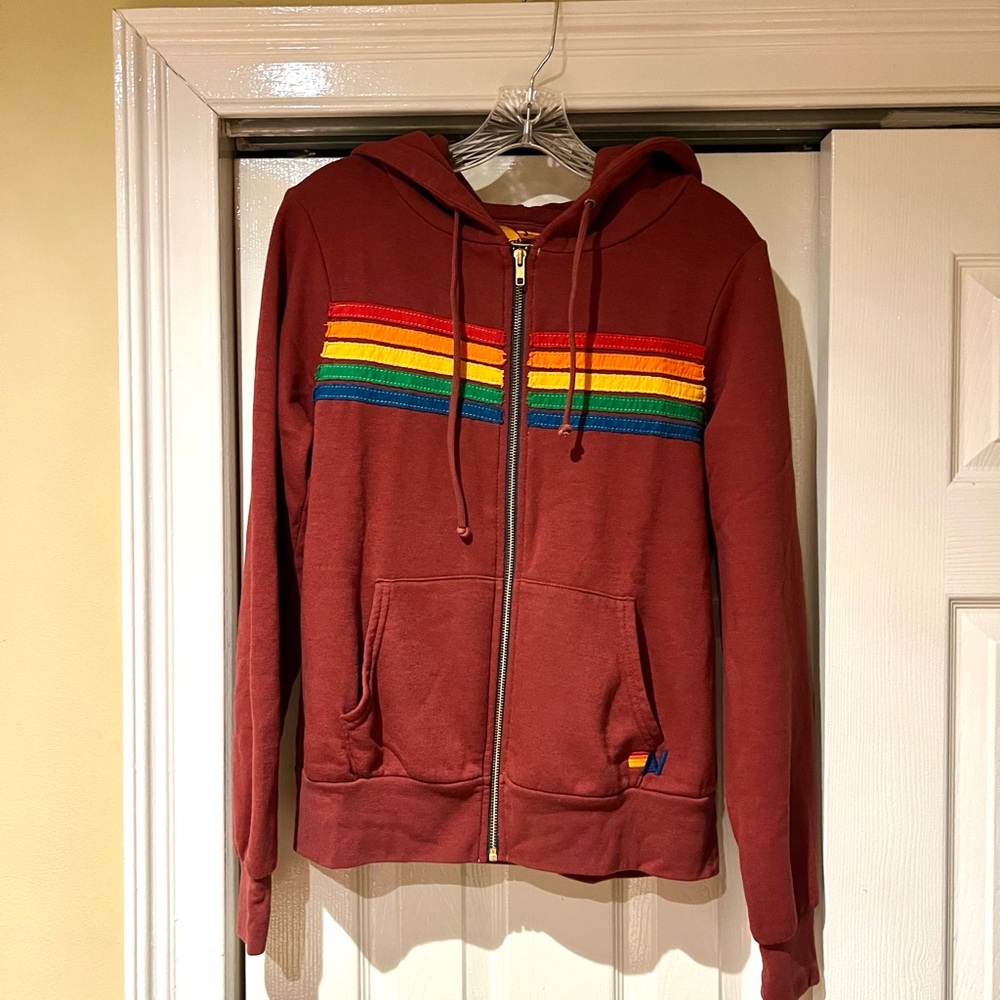 VERY RARE Aviator Nation 5-Stripe Hoodie - Claret w/ Rainbow Stripes - S